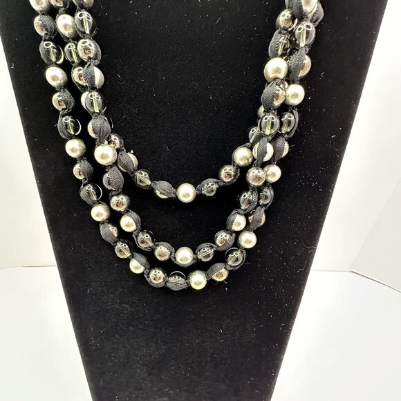 Multi Strand Statement Ribbon Necklace with Silver Black Clear Glass Beads 22" - Picture 7 of 14